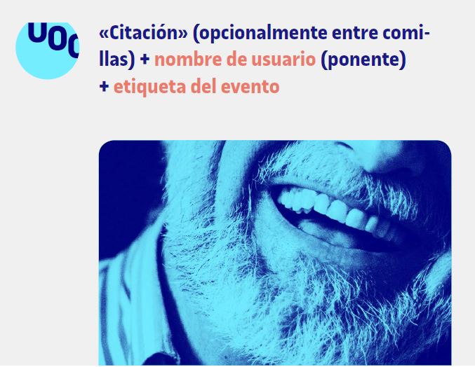 Citacin (opcionalmente entre comillas) + nombre de usuario (ponente) + etiqueta del evento