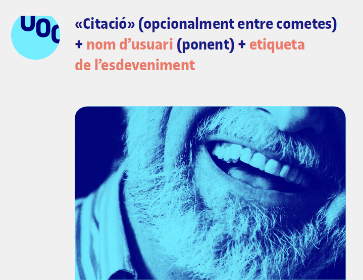 Citaci (opcionalment entre cometes) + nom d'usuari (ponent) + etiqueta de l'esdeveniment